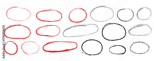 Hand drawn marker and pencil circles and ovals vector set. Rough sketch ellipses and highlight frames for diagrams and emphasis, doodle texture illustration.