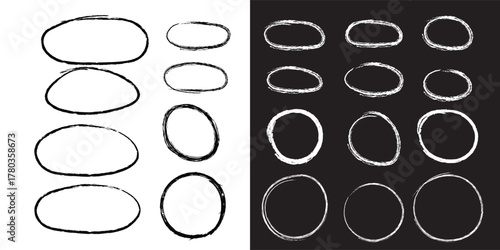 Hand drawn marker and pencil circles and ovals vector set. Rough sketch ellipses and highlight frames for diagrams and emphasis, doodle texture illustration.
