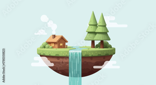 Floating Island with Wooden Cabin, Pine Trees, and Waterfall. Flat Cartoon Isometric Style Illustration.
