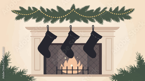Christmas fireplace with three stockings hanging and garland above the mantle and christmas trees around it silhouette