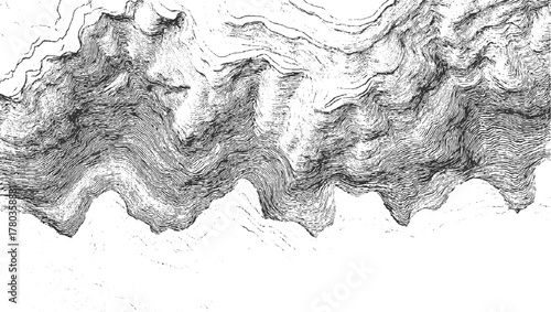 Black and white abstract topographic map lines forming wavy patterns background contour