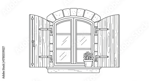 Black and White Line Art Drawing of a Vintage or Rustic Window with Open Wooden Shutters and Flower Pot