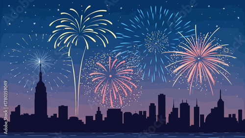 City skyline silhouette with fireworks exploding in the night sky above the buildings and water view