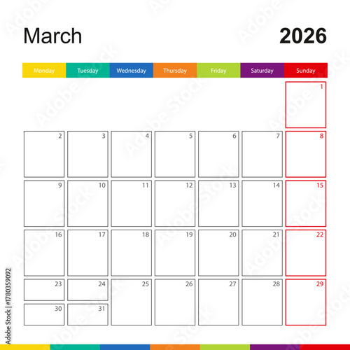 March 2026 colorful wall calendar, week starts on Monday.