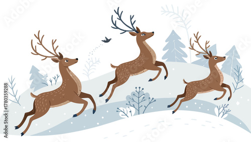 Three spotted deer leaping across a snowy landscape with sparse trees and a small bird flying above them silhouette
