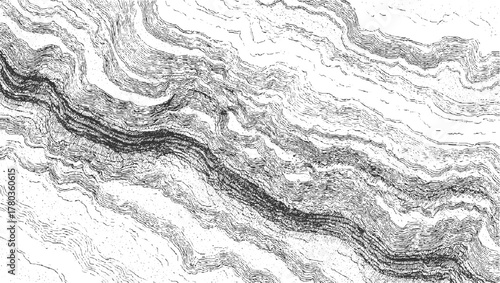Black and white topographic map lines showing layered geological strata and terrain contours abstract