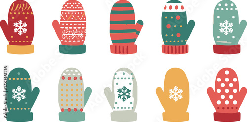 A collection of colorful winter mittens with various patterns and designs, perfect for seasonal crafts, holiday decorations, and cozy winter themes.