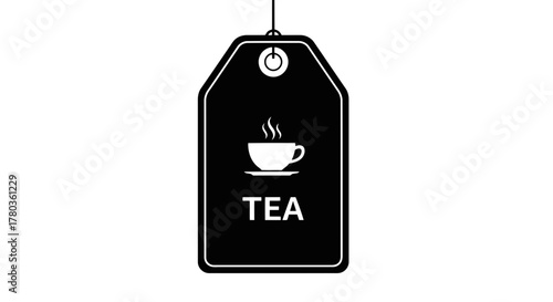 Black tag with tea cup icon and text isolated on white