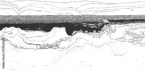 Black and white illustration of geological strata and rock formations geology layers