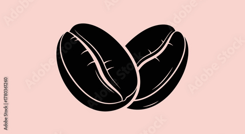Two black coffee beans on a light pink background
