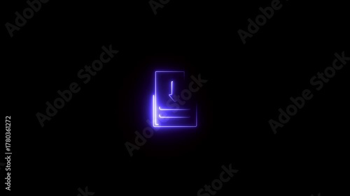 Glowing neon line swipe down arrow icon. Glowing neon animation arrow icon of jump down icon, download icon. On black background