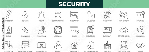 security outline icon set featuring shields, fingerprint, firewall, guarantee, personal, scan,server, network, secure, ,and protection symbols for cybersecurity and safety design.