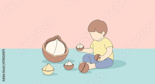 Child With Nuts And Shells Enjoying Playful Activities Over Pastel Backgrounds