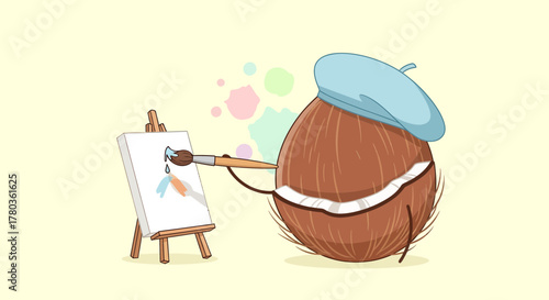 Coconut Artist: A Whimsical Depiction Of Coconut Creatively Painting With Artistic Flair
