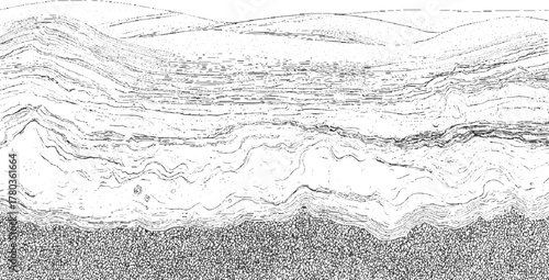 Black and white line drawing of layered geological strata and pebble texture abstract background