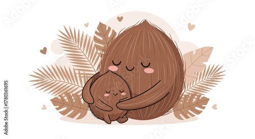 Coconut Family Embrace Depicting Affection And Love Within Earthy Tones And Cute Hearts