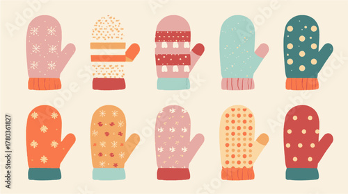 A colorful illustration showcases a collection of winter mittens, each with unique patterns and designs, perfect for seasonal crafts and cozy winter themes.