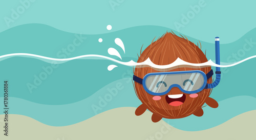 Coconut Wearing Snorkel Mask Enjoying a Tropical Underwater Adventure in Cartoon Illustration