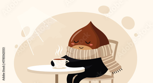 Cozy Chestnut Character Enjoying Morning Coffee in A Relaxing and Pleasant Scene