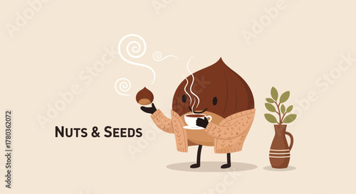 Cozy Chestnut enjoying coffee and holding a seed with plant home vibes.