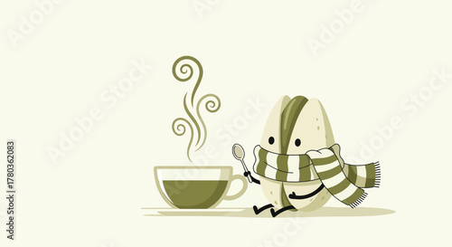 Cozy Pistachio Enjoys Warm Drink in Cute Illustration for Design Projects