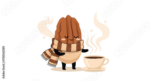 Cozy Walnut Character Enjoys a Warm Drink, Perfect for Autumn and Wintertime