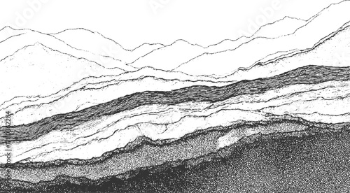 Black and white abstract landscape with layered geological strata and wavy river background