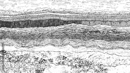 Black and white cross section of layered geological strata and rock formations geology layers