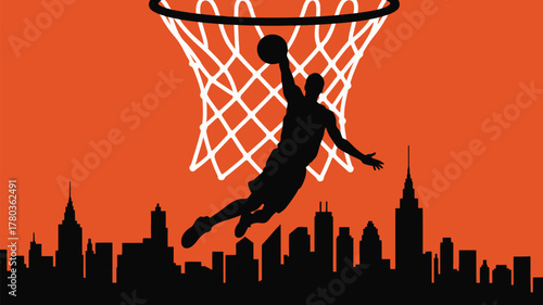 Dynamic basketball player silhouette soaring for slam dunk against vibrant urban skyline backdrop for sports marketing and urban lifestyle campaign visuals