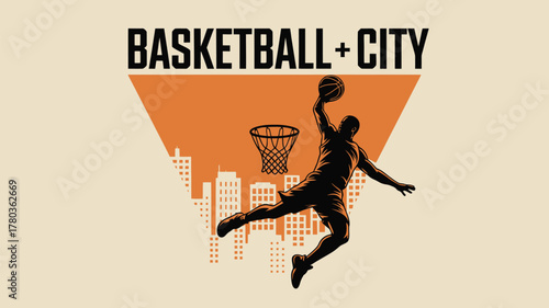 Dynamic basketball player silhouette soaring through the city skyline, perfect for sports branding and urban athletic designs and creative projects.