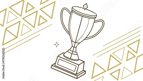 Elegant line art illustration of a shiny golden trophy, symbolizing success, achievement, and victory, set against a backdrop of modern geometric patterns, perfect for celebrating accomplishments