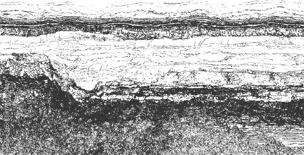 Black and white textured abstract background with horizontal layered patterns and rough granular detail