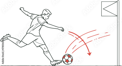 A dynamic illustration capturing a soccer player in the act of striking a ball towards the goal, with a clear trajectory arc indicating movement