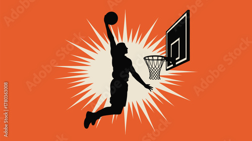 Dynamic silhouette of basketball player soaring for slam dunk against vibrant orange background with starburst, perfect for sports promotions