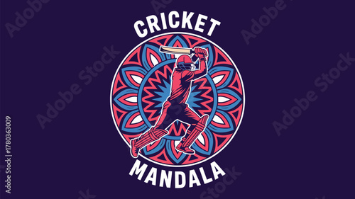 Dynamic cricket player illustration with vibrant mandala background, perfect for sports branding, team logos, and energetic designs for apparel.