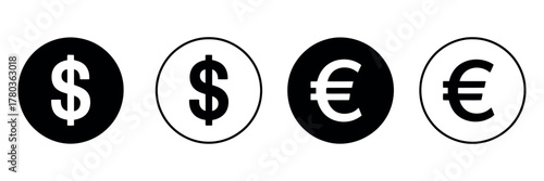 Dollar and euro currency icon set. vector symbols representing money, finance, wallet, payment, and banking concepts for digital applications, web design, and financial business projects.