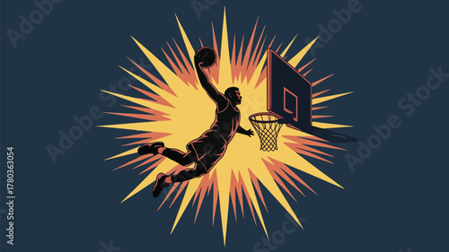 Dynamic basketball player soaring through the air for a slam dunk, perfect for sports brands or athletic campaigns with a bold, energetic style