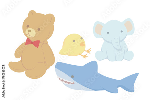 クマとサメとヒヨコとゾウのぬいぐるみのイラスト