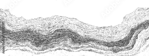 Black and white abstract wavy lines forming geological strata patterns background