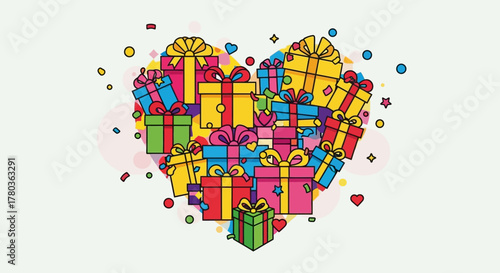Heart-Shaped Pile of Colorful Gift Boxes with Ribbons and Bows.