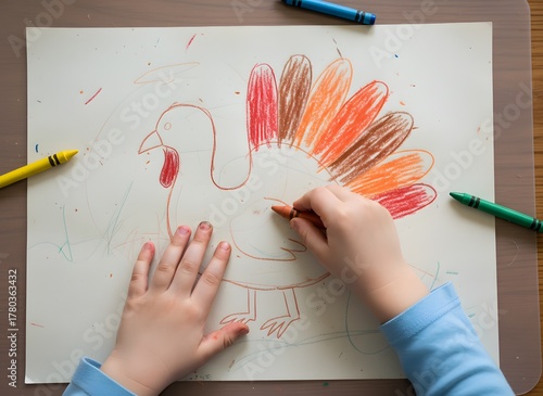 A child's hands coloring a turkey drawing with crayons on a white paper sheet.