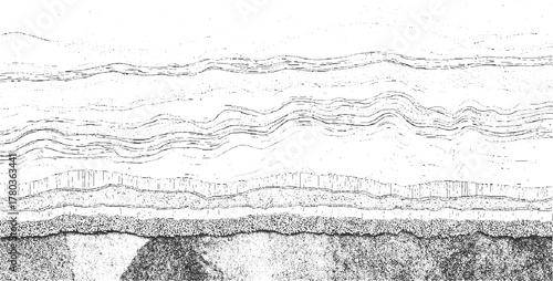 Black and white abstract layered geological strata cross section with textured bands and wavy lines background