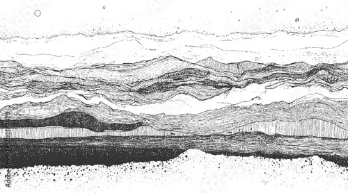 Abstract black and white layered landscape with textured strata and distant circles monochrome