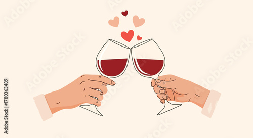 Romantic Toast - Two Hands Clinking Wine Glasses with Hearts.