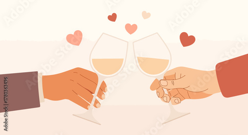 Romantic Toast - Two Hands Clinking Wine Glasses with Hearts.
