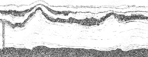 Black and white abstract textured layers resembling geological strata or sediment pattern