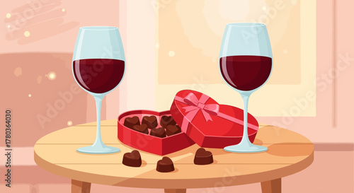 Romantic Valentines Day - Wine, Chocolates, and a Heart-Shaped Box.