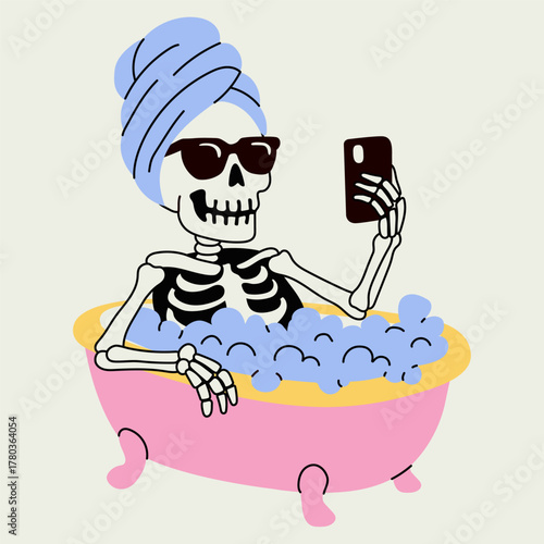 Trendy Skeleton Taking a Bath Selfie with Smartphone