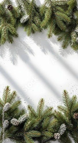 Top view of pine tree branches forming a natural frame on a white background with soft shadows. Minimal winter aesthetic design perfect for Christmas or New Year greeting templates