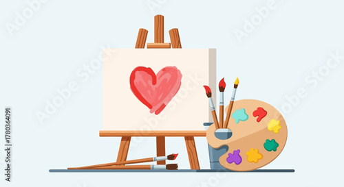 Artistic Expression - Easel Displaying Heart Painting with Palette and Brushes.